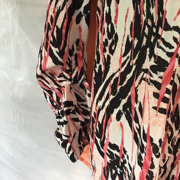 New Directions Womens Button Up Top Blouse Roll Up Sleeves Peach Paisley SZ PXL - Picture 6 of 16